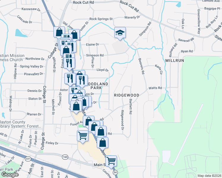 map of restaurants, bars, coffee shops, grocery stores, and more near 1202 Lloyd Drive in Forest Park