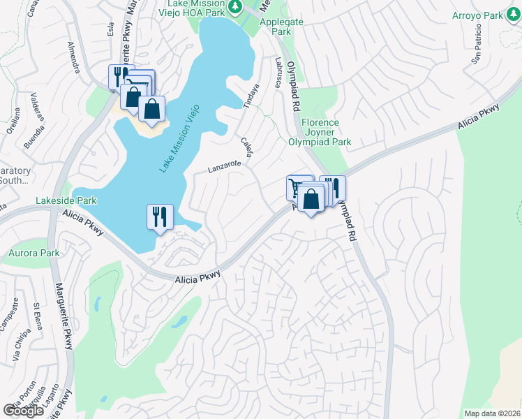map of restaurants, bars, coffee shops, grocery stores, and more near 28195 Palmada in Mission Viejo