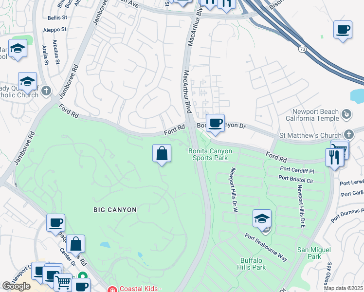map of restaurants, bars, coffee shops, grocery stores, and more near 603 Bay Hill Drive in Newport Beach