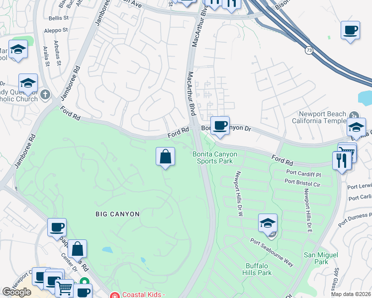 map of restaurants, bars, coffee shops, grocery stores, and more near 705 Bay Hill Drive in Newport Beach