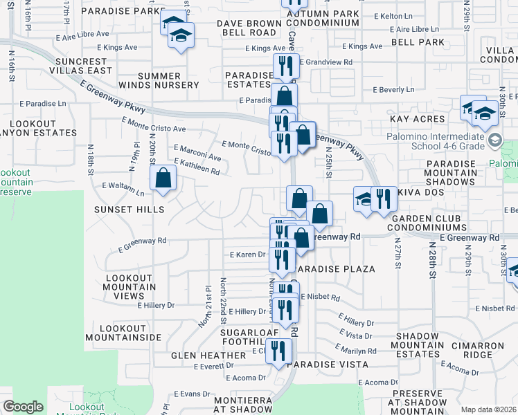 map of restaurants, bars, coffee shops, grocery stores, and more near 15624 North 23rd Street in Phoenix