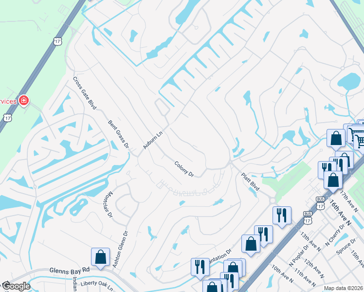 map of restaurants, bars, coffee shops, grocery stores, and more near 1850 Fairway Ridge Drive in Myrtle Beach
