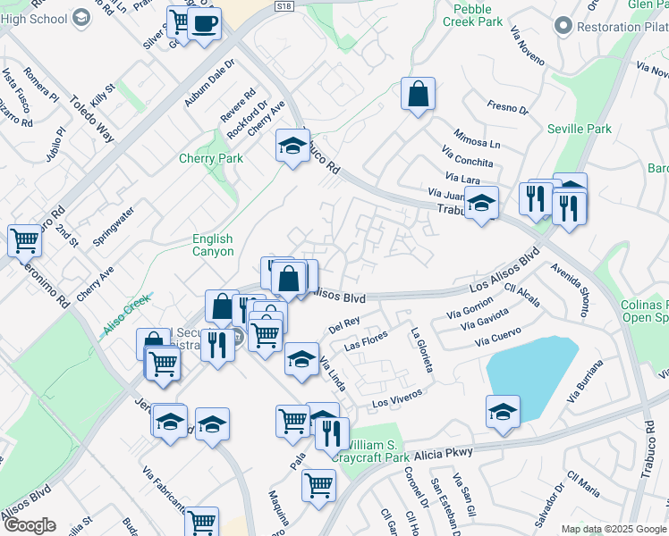 map of restaurants, bars, coffee shops, grocery stores, and more near 23017 Vía Pimiento in Mission Viejo
