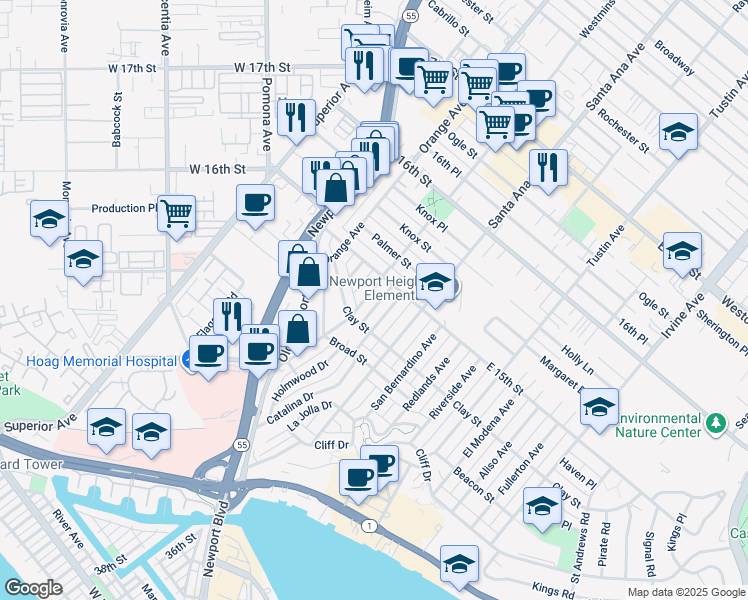 map of restaurants, bars, coffee shops, grocery stores, and more near 526 Westminster Avenue in Newport Beach