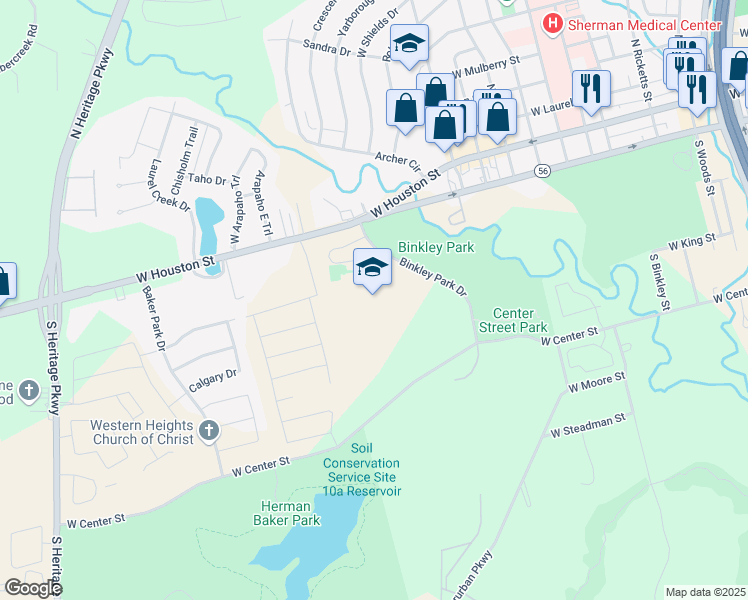 map of restaurants, bars, coffee shops, grocery stores, and more near 120 Binkley Park Drive in Sherman