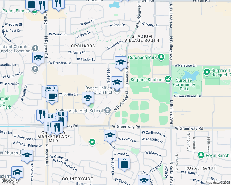 map of restaurants, bars, coffee shops, grocery stores, and more near 15800 North Parkview Place in Surprise