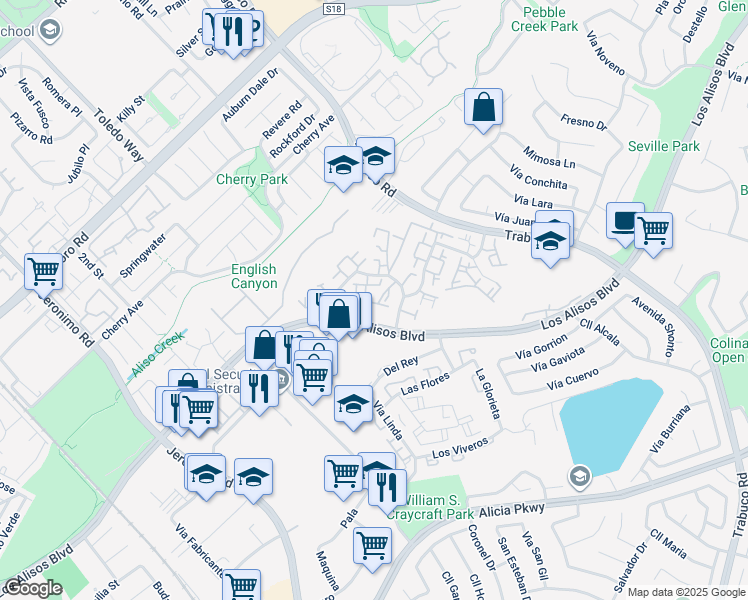 map of restaurants, bars, coffee shops, grocery stores, and more near 26068 Via Pera in Mission Viejo