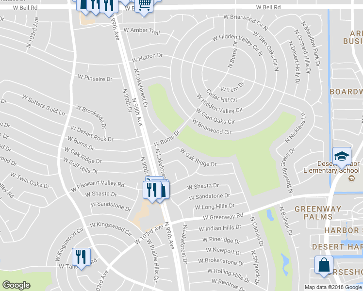 map of restaurants, bars, coffee shops, grocery stores, and more near 9722 West Oak Ridge Drive in Sun City