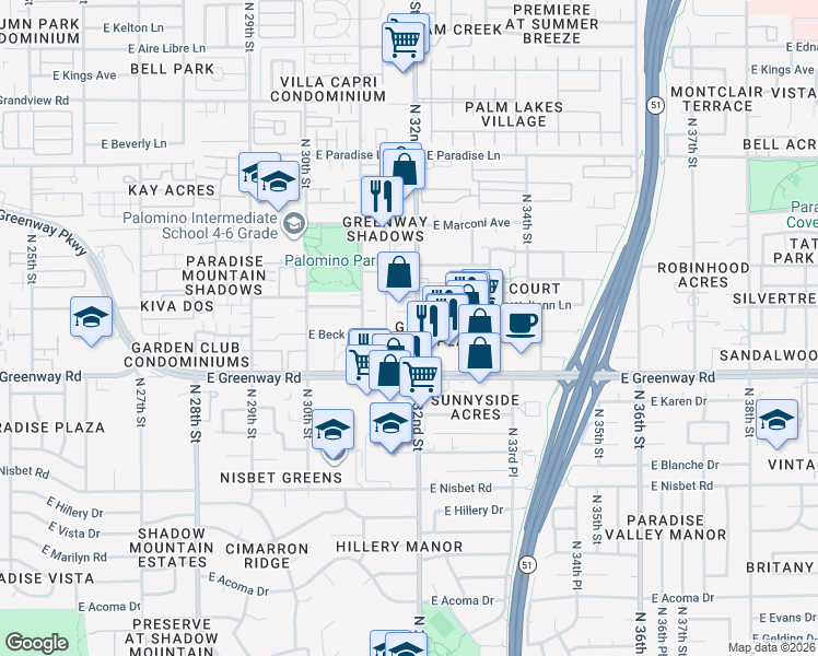 map of restaurants, bars, coffee shops, grocery stores, and more near 15612 North 32nd Street in Phoenix