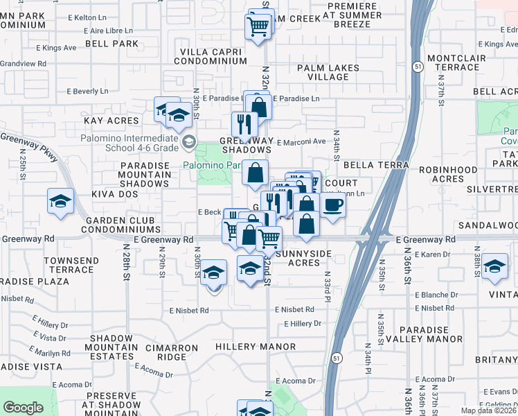 map of restaurants, bars, coffee shops, grocery stores, and more near 15434 North 32nd Street in Phoenix