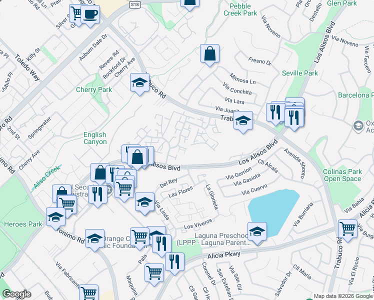 map of restaurants, bars, coffee shops, grocery stores, and more near 23068 Vía Cereza in Mission Viejo