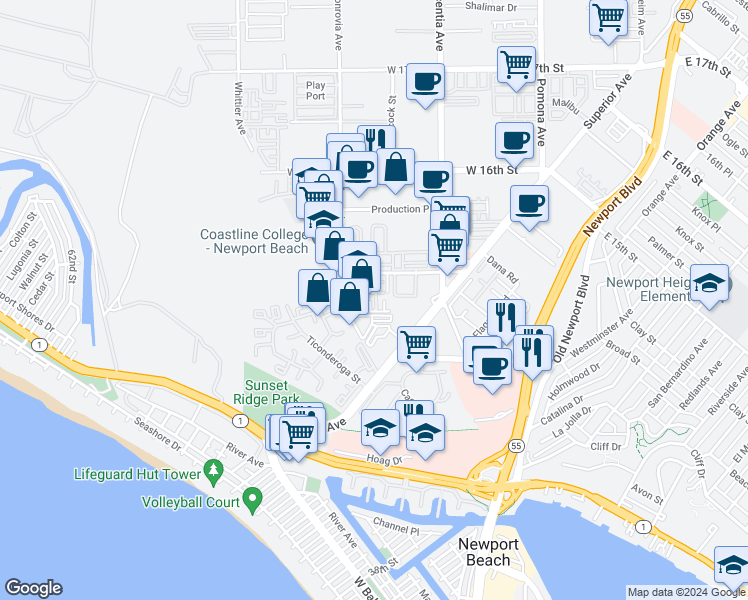 map of restaurants, bars, coffee shops, grocery stores, and more near 2 Nautical Mile Drive in Newport Beach