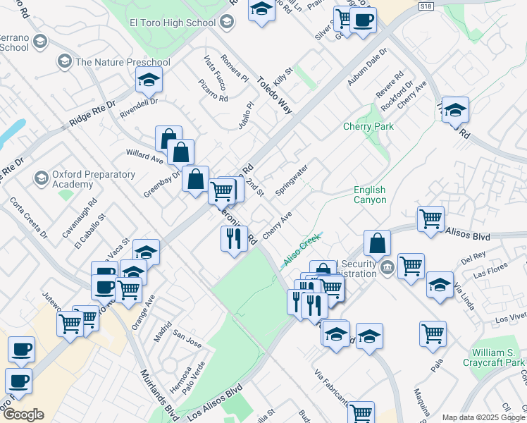 map of restaurants, bars, coffee shops, grocery stores, and more near 25331 Vía Viejo Street in Lake Forest