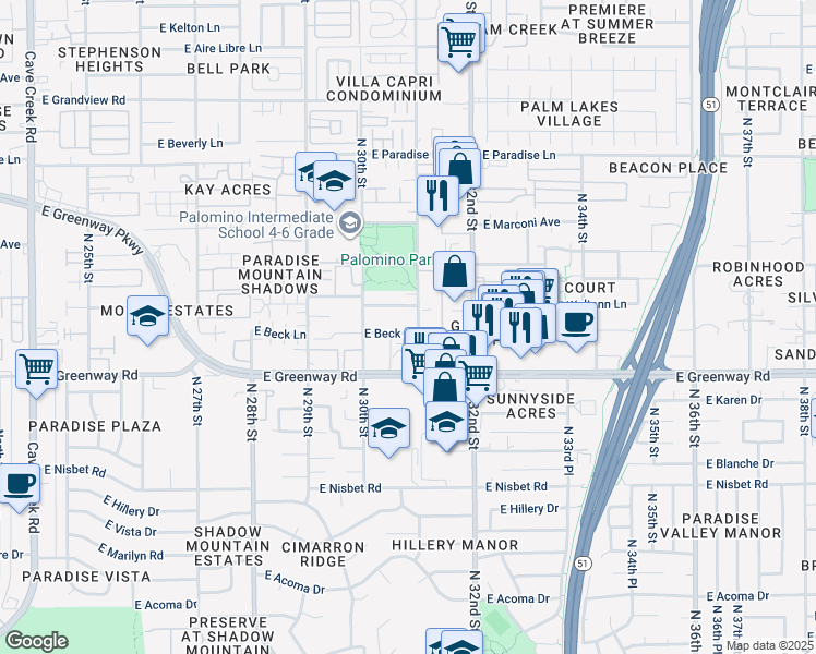 map of restaurants, bars, coffee shops, grocery stores, and more near 15622 North 31st Street in Phoenix