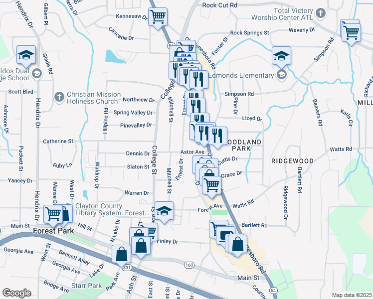 map of restaurants, bars, coffee shops, grocery stores, and more near 4615 Jonesboro Road in Forest Park