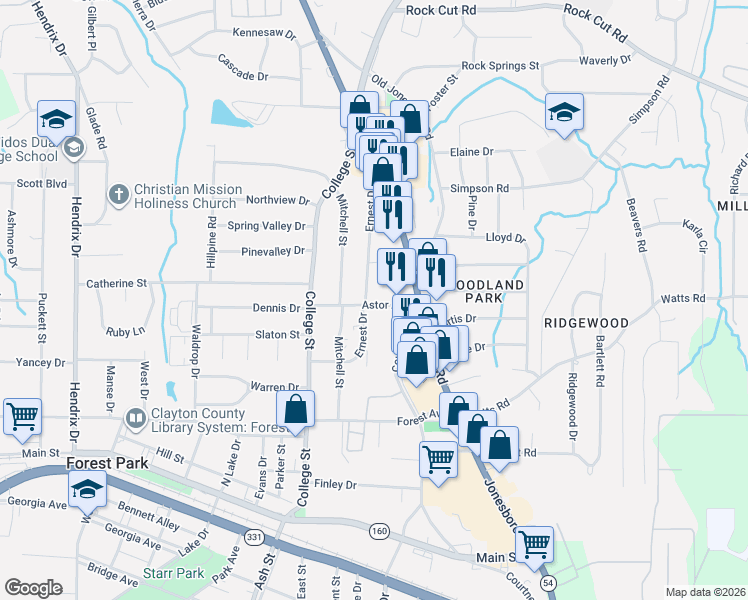map of restaurants, bars, coffee shops, grocery stores, and more near 4648 Ernest Drive in Forest Park
