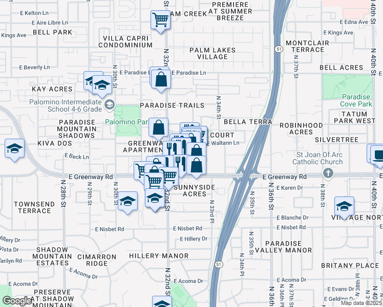 map of restaurants, bars, coffee shops, grocery stores, and more near 3305 East Waltann Lane in Phoenix