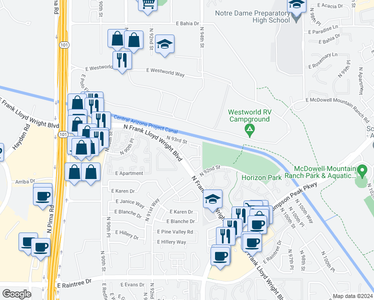 map of restaurants, bars, coffee shops, grocery stores, and more near 15555 North Frank Lloyd Wright Boulevard in Scottsdale