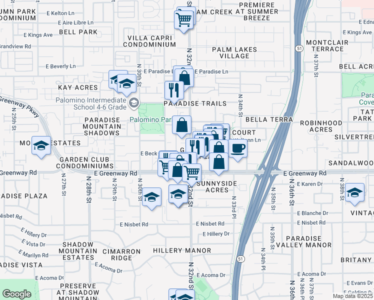 map of restaurants, bars, coffee shops, grocery stores, and more near 15612 North 32nd Street in Phoenix