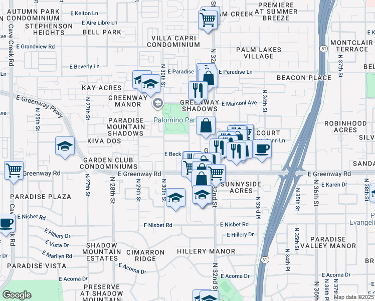 map of restaurants, bars, coffee shops, grocery stores, and more near 15622 North 31st Street in Phoenix