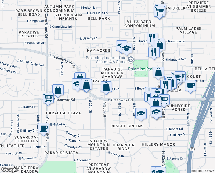 map of restaurants, bars, coffee shops, grocery stores, and more near 2827 East Waltann Lane in Phoenix