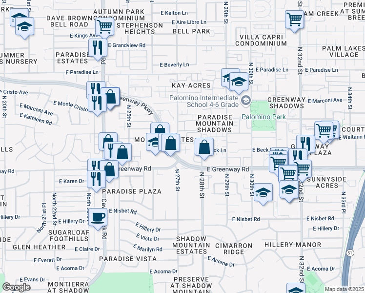 map of restaurants, bars, coffee shops, grocery stores, and more near 2649 East Waltann Lane in Phoenix