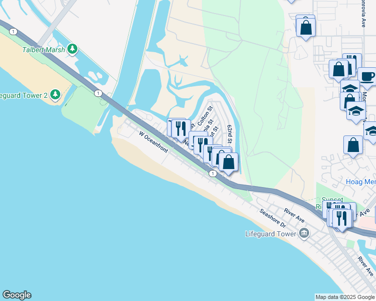 map of restaurants, bars, coffee shops, grocery stores, and more near 222 Colton Street in Newport Beach