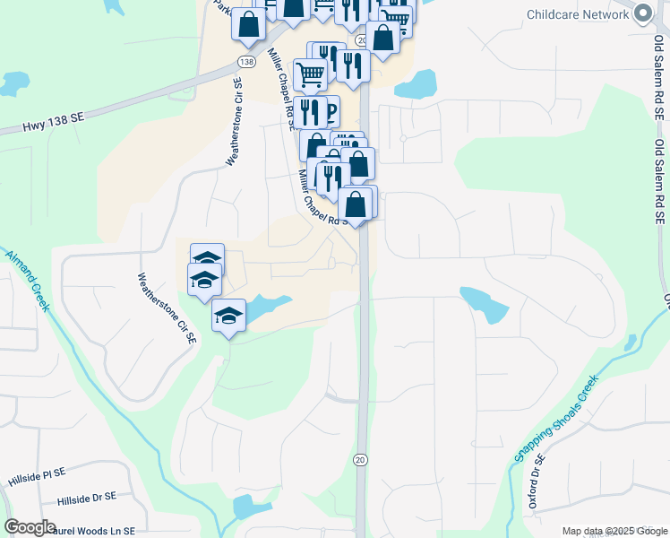 map of restaurants, bars, coffee shops, grocery stores, and more near 2283 Miller Chapel Road Southeast in Conyers