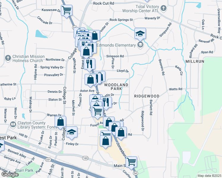map of restaurants, bars, coffee shops, grocery stores, and more near 1105 South Parkwood Drive in Forest Park