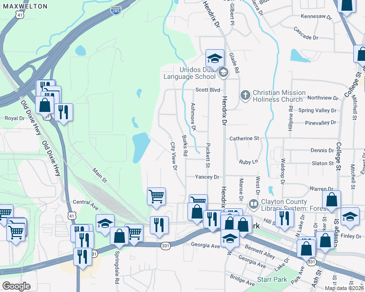 map of restaurants, bars, coffee shops, grocery stores, and more near 4632 Burks Road in Forest Park