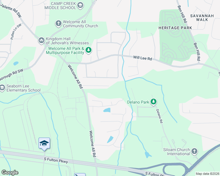 map of restaurants, bars, coffee shops, grocery stores, and more near Kenwood Trail in South Fulton