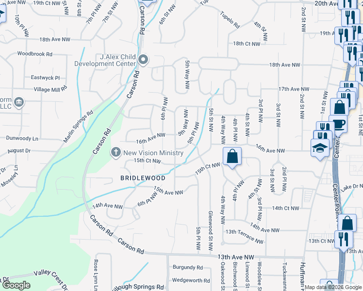 map of restaurants, bars, coffee shops, grocery stores, and more near 1620 5th Place Northwest in Center Point
