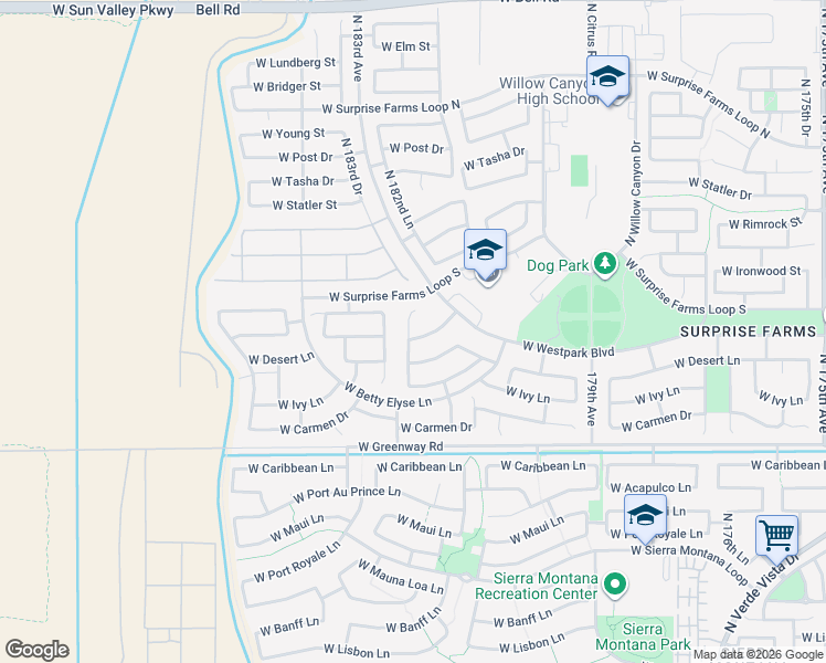 map of restaurants, bars, coffee shops, grocery stores, and more near 15883 North 182nd Avenue in Surprise