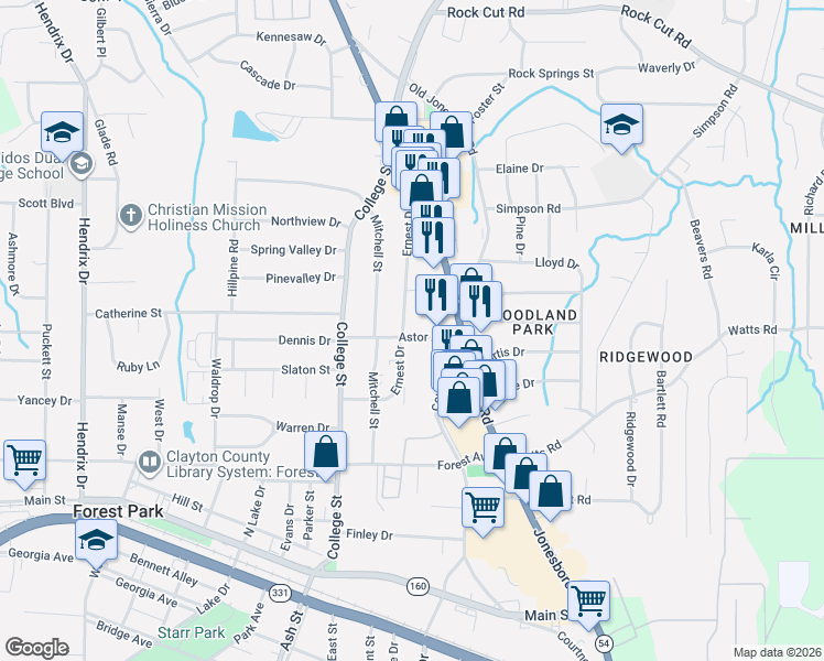 map of restaurants, bars, coffee shops, grocery stores, and more near 4648 Ernest Drive in Forest Park