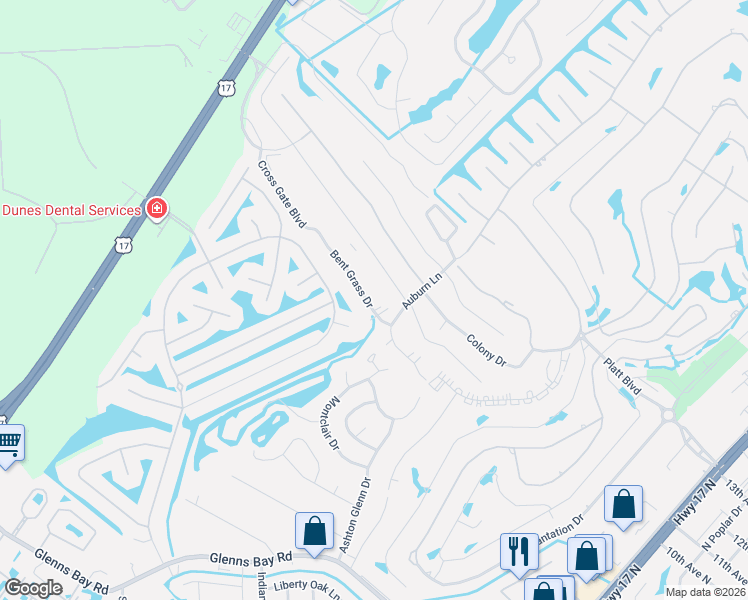 map of restaurants, bars, coffee shops, grocery stores, and more near 1939 Bent Grass Drive in Myrtle Beach