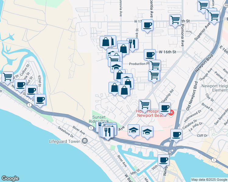 map of restaurants, bars, coffee shops, grocery stores, and more near 10 Wild Goose Court in Newport Beach