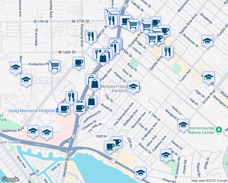 map of restaurants, bars, coffee shops, grocery stores, and more near 526 Westminster Avenue in Newport Beach