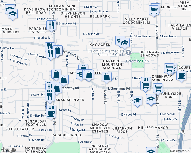 map of restaurants, bars, coffee shops, grocery stores, and more near 2649 East Waltann Lane in Phoenix