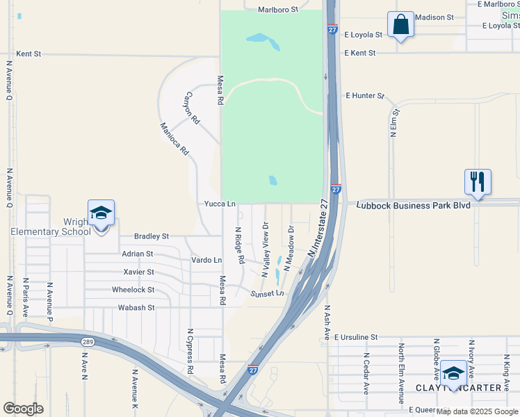 map of restaurants, bars, coffee shops, grocery stores, and more near 2615 North Valley View Drive in Lubbock
