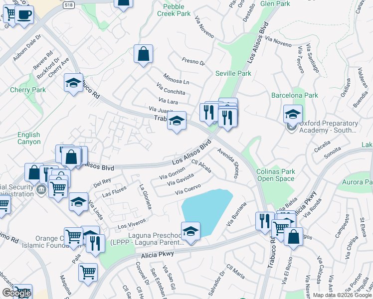 map of restaurants, bars, coffee shops, grocery stores, and more near 26517 Via Damasco in Mission Viejo