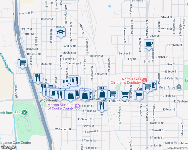 map of restaurants, bars, coffee shops, grocery stores, and more near 315 East Scott Street in Gainesville