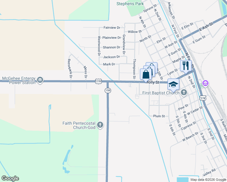 map of restaurants, bars, coffee shops, grocery stores, and more near 103 Masonville Road in McGehee