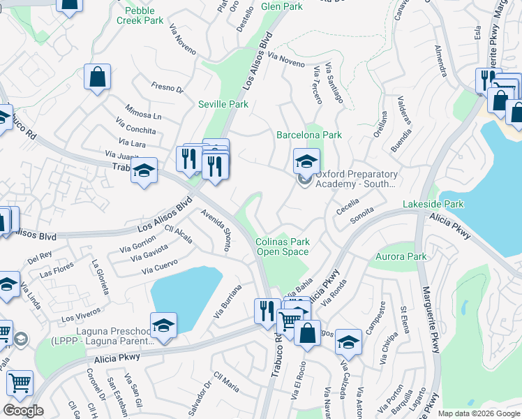 map of restaurants, bars, coffee shops, grocery stores, and more near 23001 Vía San Gabriel in Mission Viejo
