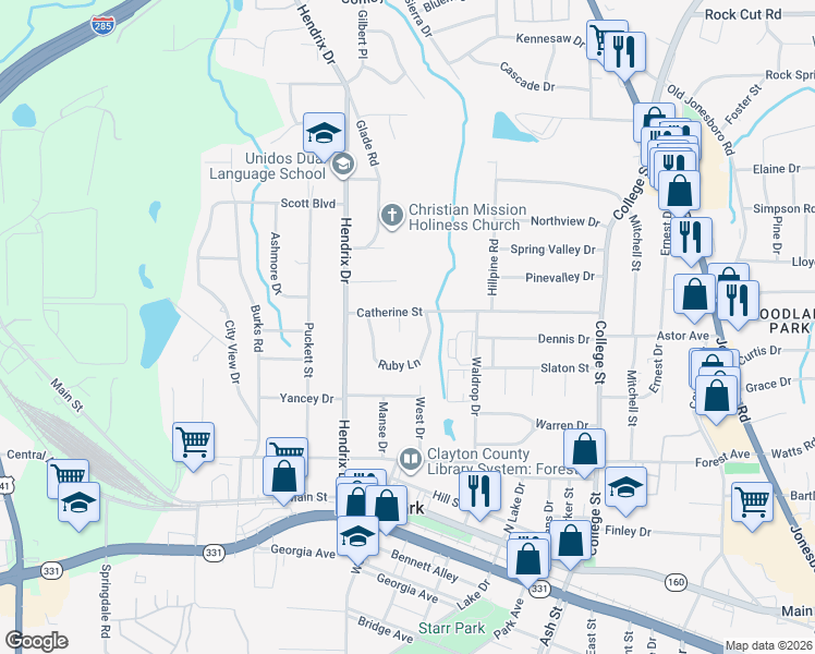 map of restaurants, bars, coffee shops, grocery stores, and more near 4648 Farris Circle in Forest Park