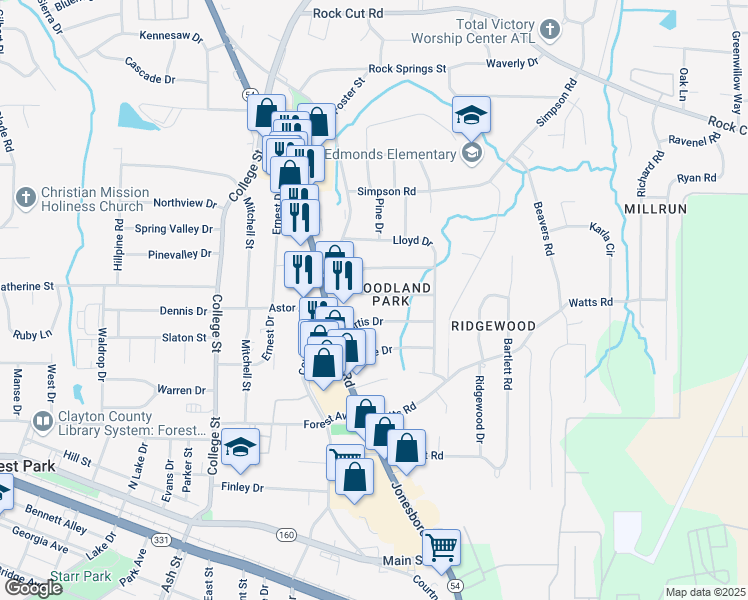 map of restaurants, bars, coffee shops, grocery stores, and more near 1105 South Parkwood Drive in Forest Park