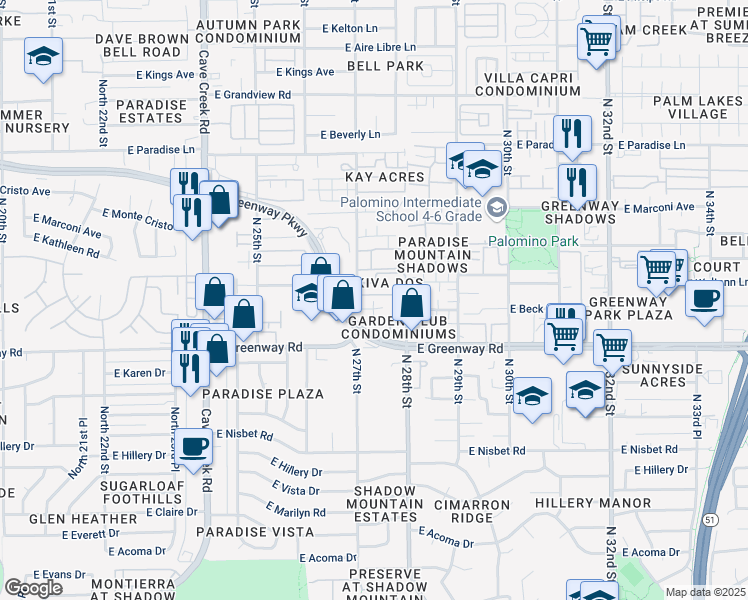 map of restaurants, bars, coffee shops, grocery stores, and more near 15601 North 27th Street in Phoenix