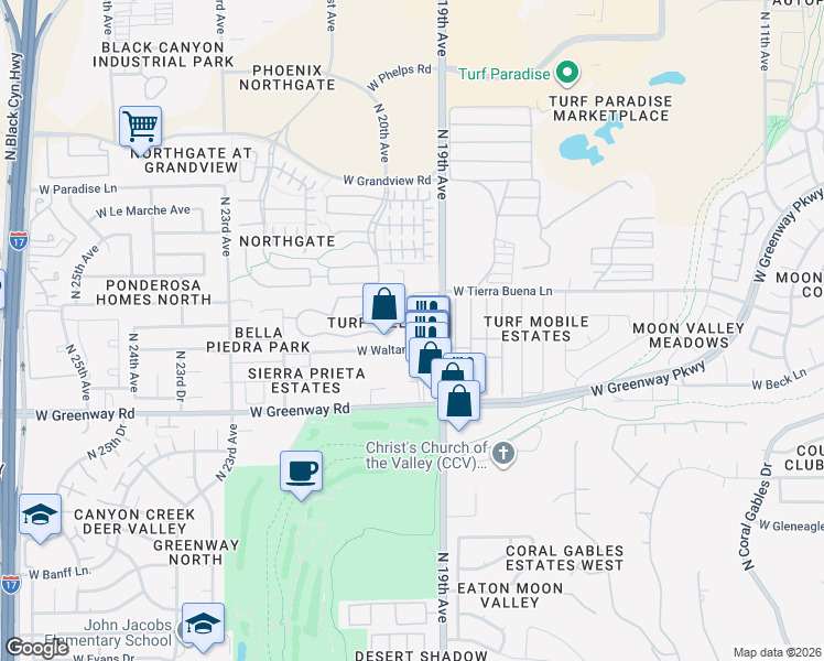 map of restaurants, bars, coffee shops, grocery stores, and more near 15650 North 19th Avenue in Phoenix