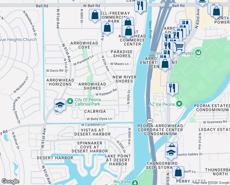 map of restaurants, bars, coffee shops, grocery stores, and more near 8720 West Kathleen Road in Peoria
