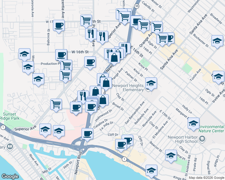 map of restaurants, bars, coffee shops, grocery stores, and more near 486 Old Newport Boulevard in Newport Beach
