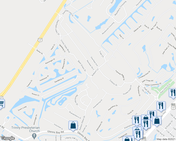 map of restaurants, bars, coffee shops, grocery stores, and more near 1936 Bent Grass Drive in Myrtle Beach